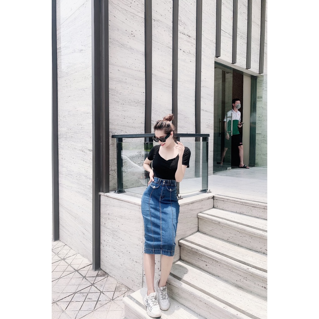 [TH Jeans] Váy bò trơn dáng dài qua gối, váy jeans lưng cao túi chéo phối gân, 2 khuy. Mã V0140 | BigBuy360 - bigbuy360.vn