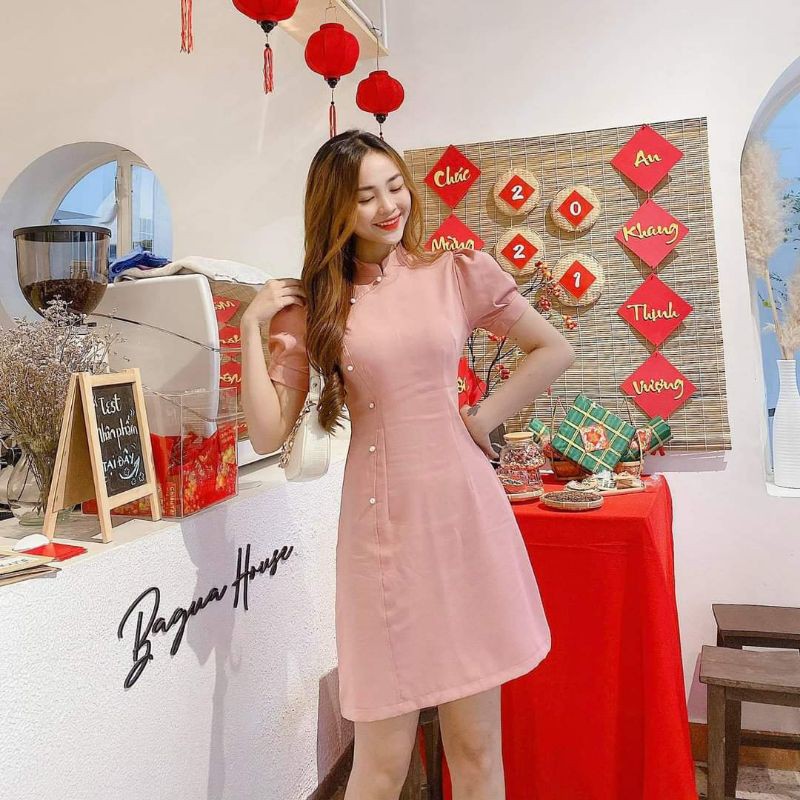 Áo dài cách tân nữ 3 màu đính hạt phong cách, đầm cổ tàu tay bồng