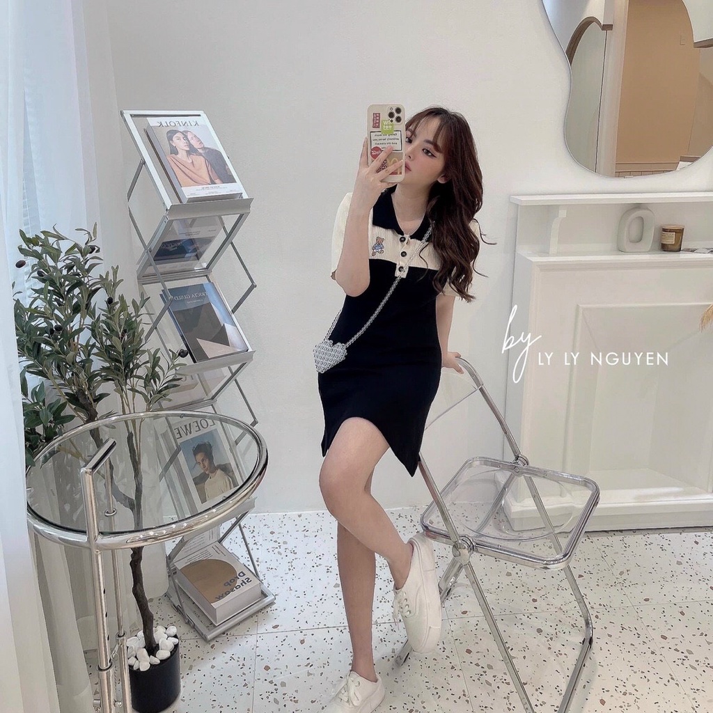 Đầm váy nữa có giãn phối màu cực xinh lên fom dáng chuẩn họa tiết đáng cúc áo cổ somi thích hợp đi chơi