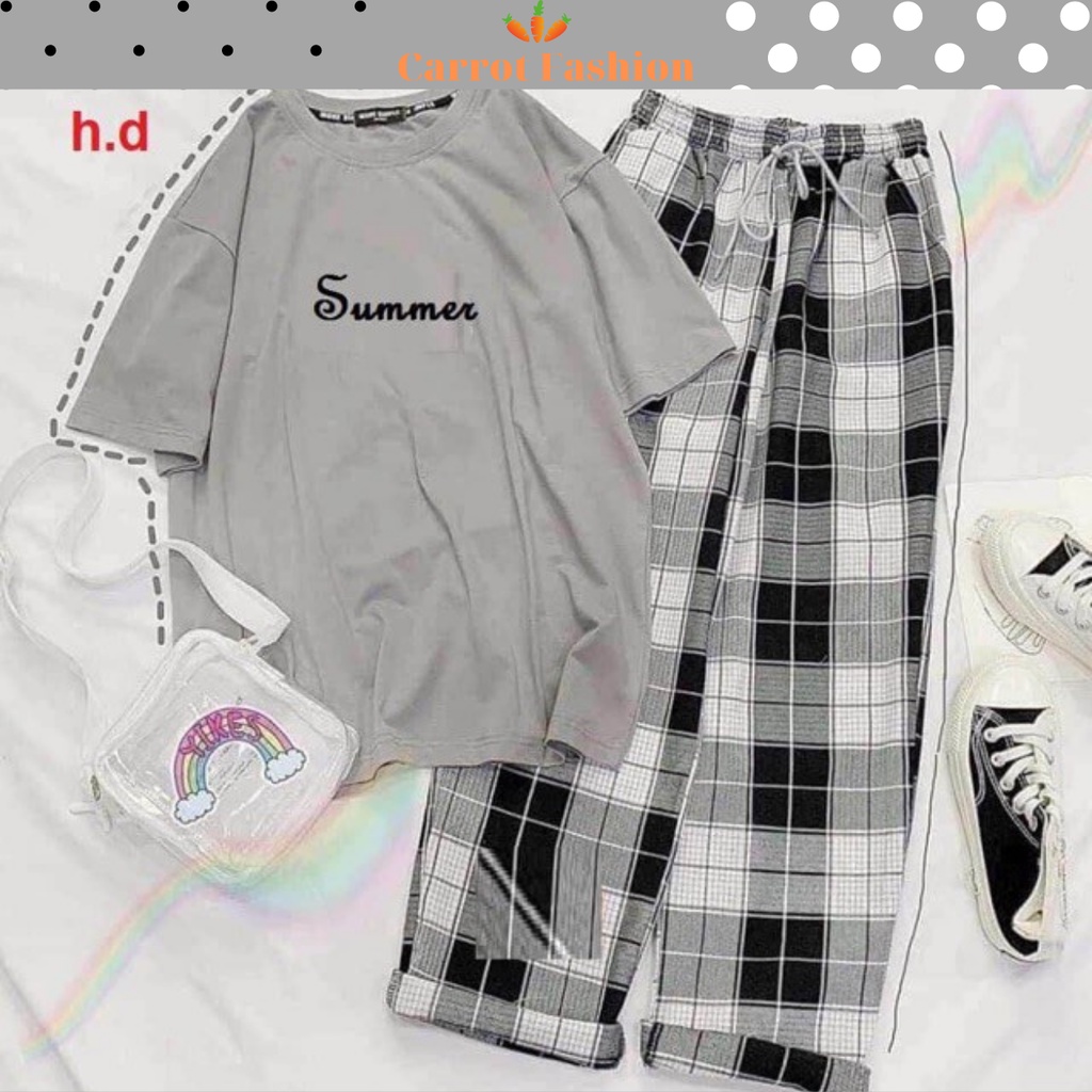 Set Đồ Nữ Đi Chơi Đi Học CARROT FASHION, Sét Đồ Bộ Nữ Cotton In SUMMER Mix Quần Ống Rộng Kẻ Caro Phong Cách Hàn Quốc