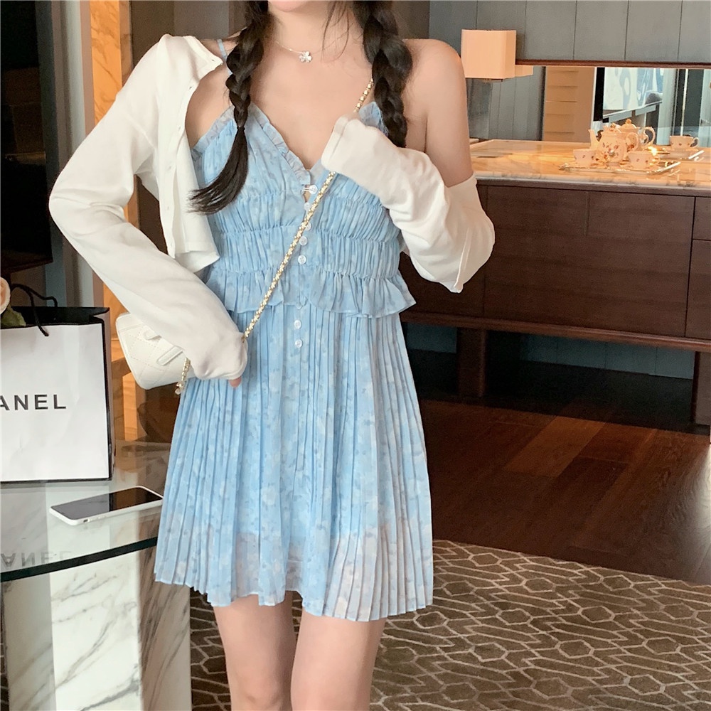 Set đầm hoa hai dây xếp ly + áo khoác cardigan Perty phong cách Hàn Quốc thời trang cao cấp cho nữ