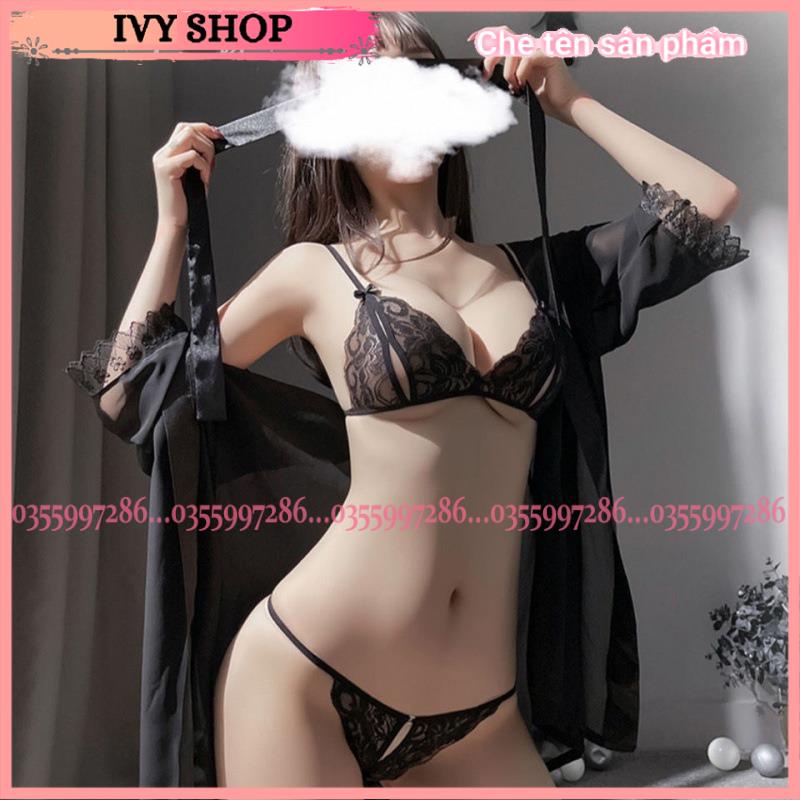 Áo Choàng Ngủ Kèm Set Bikini Cao Cấp, Set Đồ Ngủ Sexy Xuyên Thấu Gồm Áo Choàng + ĐỒ Lót Mã ACBI001, ACR905 Màu đen,trắng