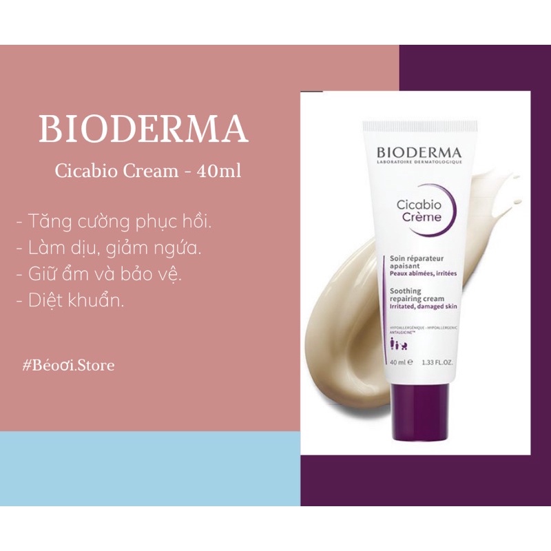 BIODERMA Cicabio Cream - 40ml , Kem cấp ẩm - Phục hồi da sau điều trị mụn.