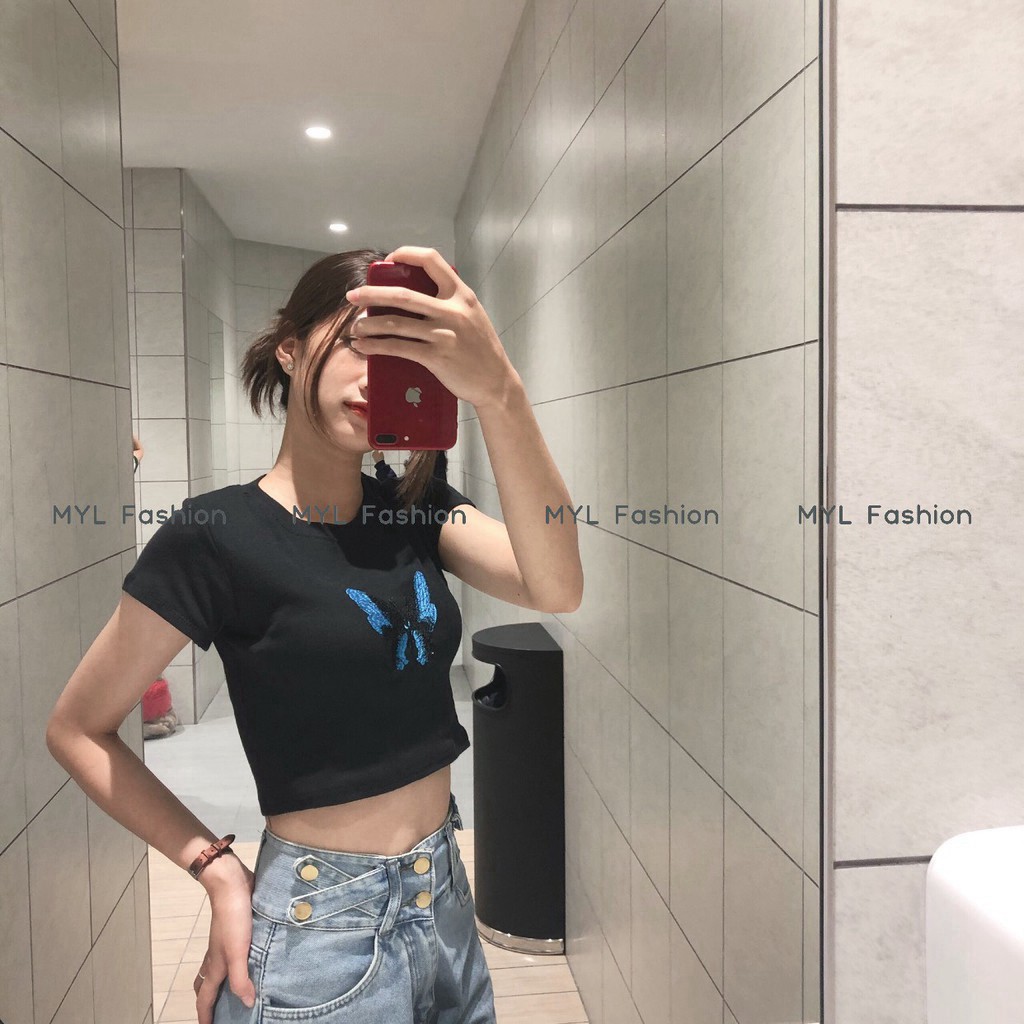 [FREESHIP] Áo Thun Croptop Ngắn Tay Thêu Hình Bướm, Áo Croptop Ôm Body Chất Cotton Xịn Hàng Cao Cấp .