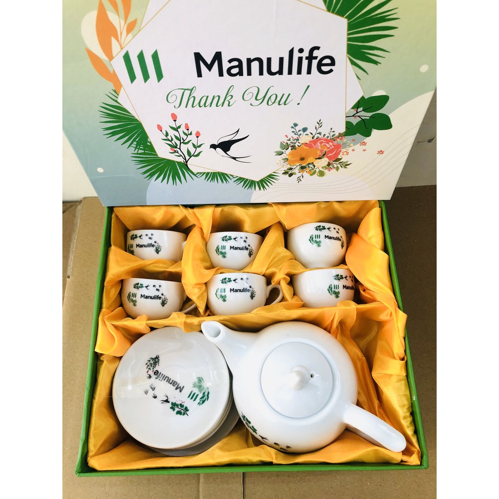 Bộ ấm chén quà tặng logo Manulife hộp đẹp lót lụa