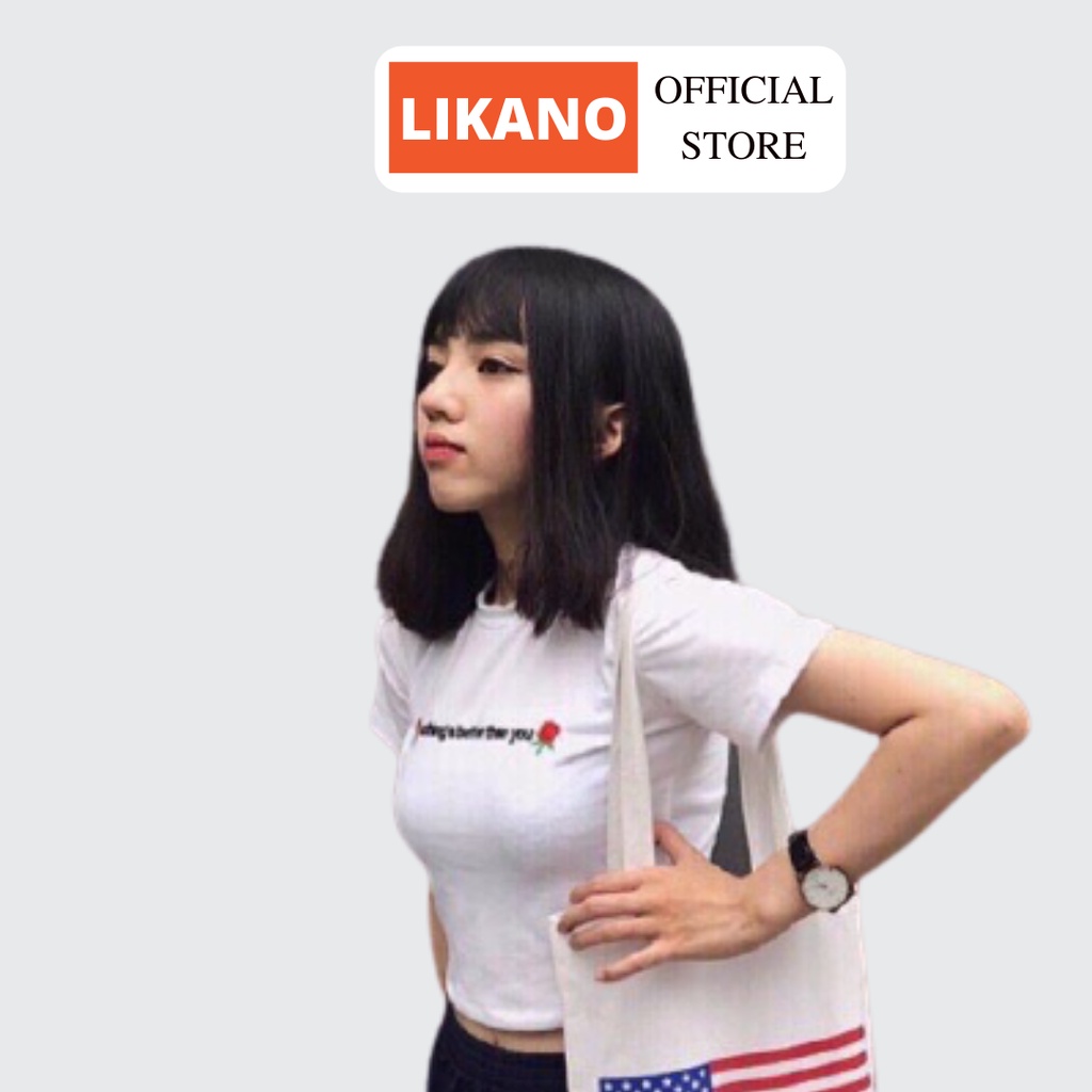 Áo croptop thun lạnh thêu hoa hồng 2 màu LIKANO CRT49