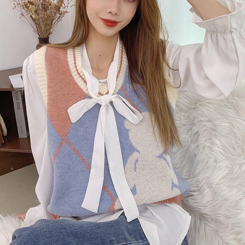 SUXI Áo sweater không tay cổ chữ v thiết kế mới thời trang theo phong cách hàn quốc cho nữ