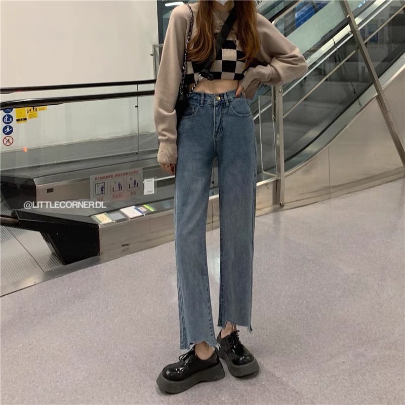Quần Jean Nữ Ống Suông Cắt Gấu Vuông Có BIGSIZE Xanh Đá Hot Trend lưng cao quảng Châu