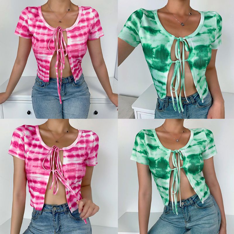 Xiangbao Áo Croptop Dệt Kim Ngắn Tay Cổ Tròn In Màu Nhuộm Gradient Cột Dây Phía Trước Mùa Hè Cho Nữ