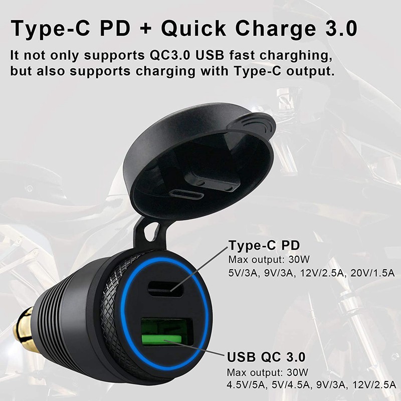 Bộ Sạc Nhanh Qc3.0 Usb & Type C 30w Cho Xe Mô Tô