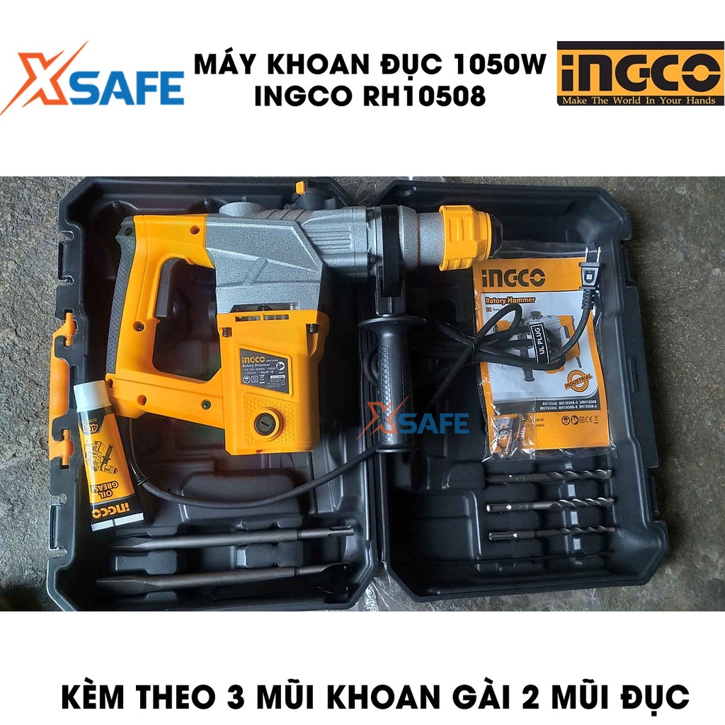 Máy khoan đục 1050W INGCO RH10508 kèm 3 mũi khoan gài, 2 mũi đục tốc độ không tải 900 vòng/phút