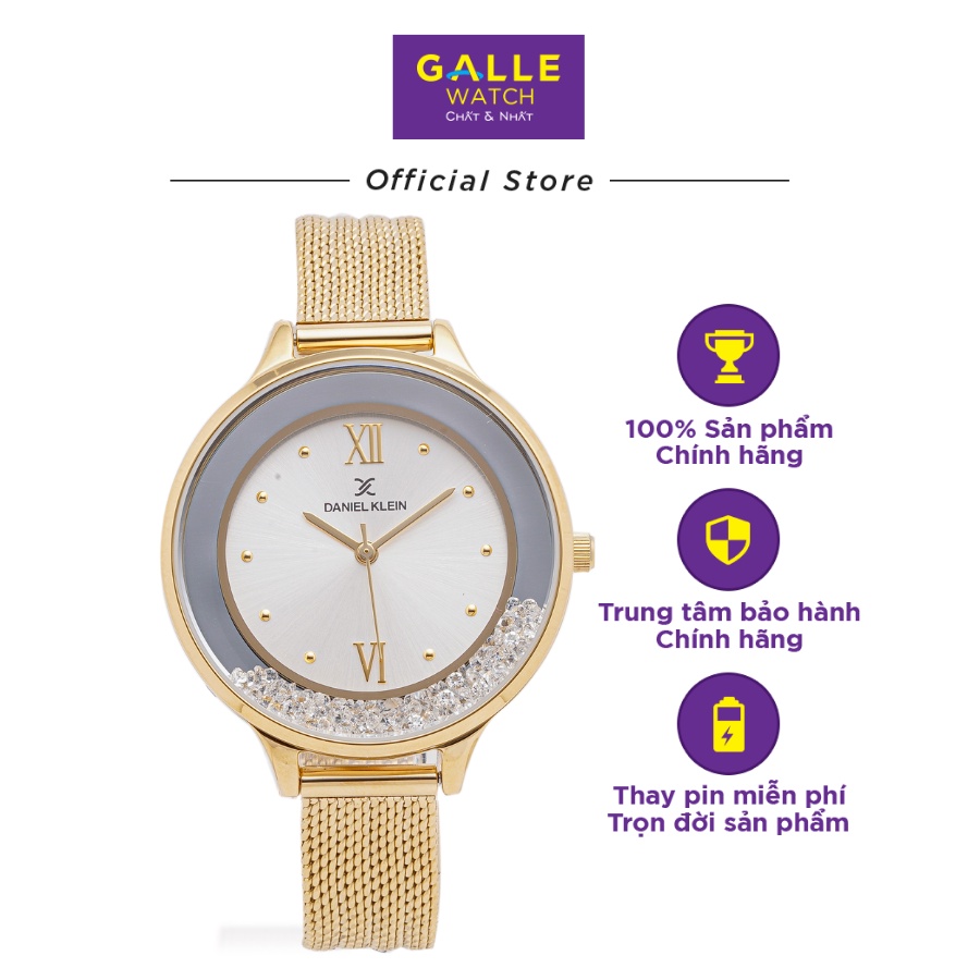 Đồng hồ nữ dây thép lưới không gỉ Daniel Klein DK.1.12524.4 chống nước, mặt số hiệu ứng Sunray, thiết kế viền đá di động