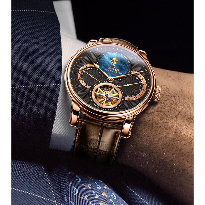 Đồng hồ nam chính hãng LOBINNI L16015-2 Kính sapphire,chống xước,Chống nước 50m,dây da xịn,Máy cơ( Automatic,BH 24 tháng