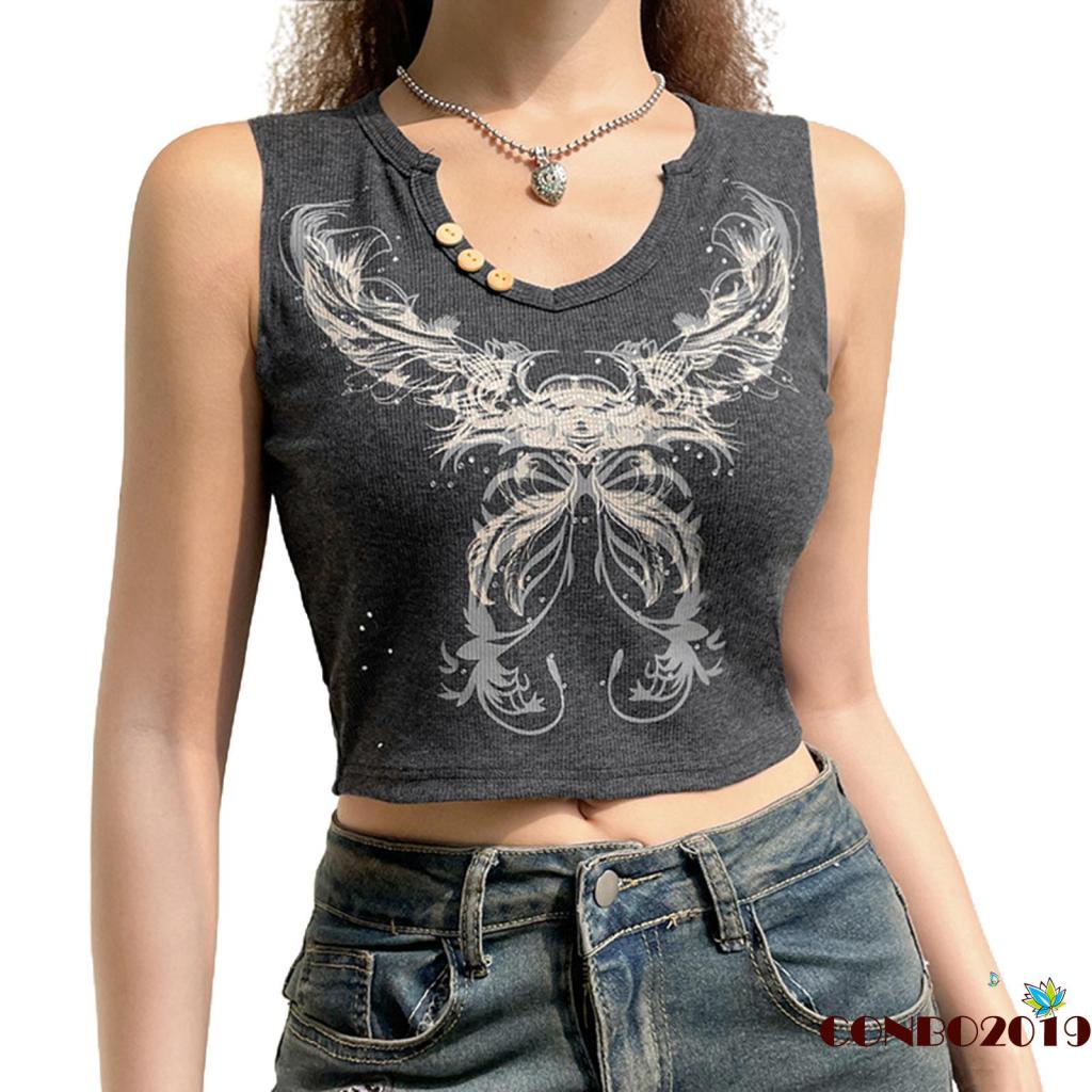 Áo Croptop Không Tay Cổ Chữ V In Họa Tiết Đính Đá Phong Cách Cổ Điển Cho Nữ
