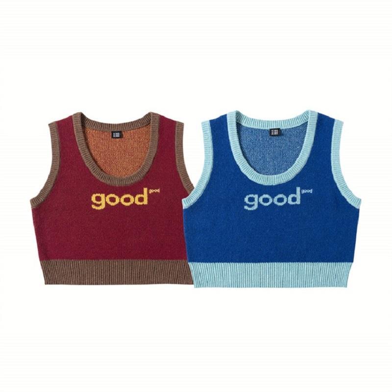 Áo khoác ghi lê dệt kim cổ tròn in chữ thời trang thu đông cho nữ