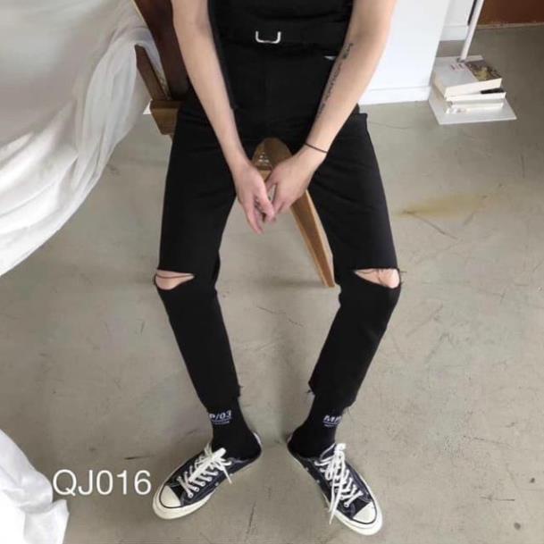 ( Hot)Quần jean nam đen form chất cực đẹp jean xả lai body (rách gối) Jean co giãn 🏅 i