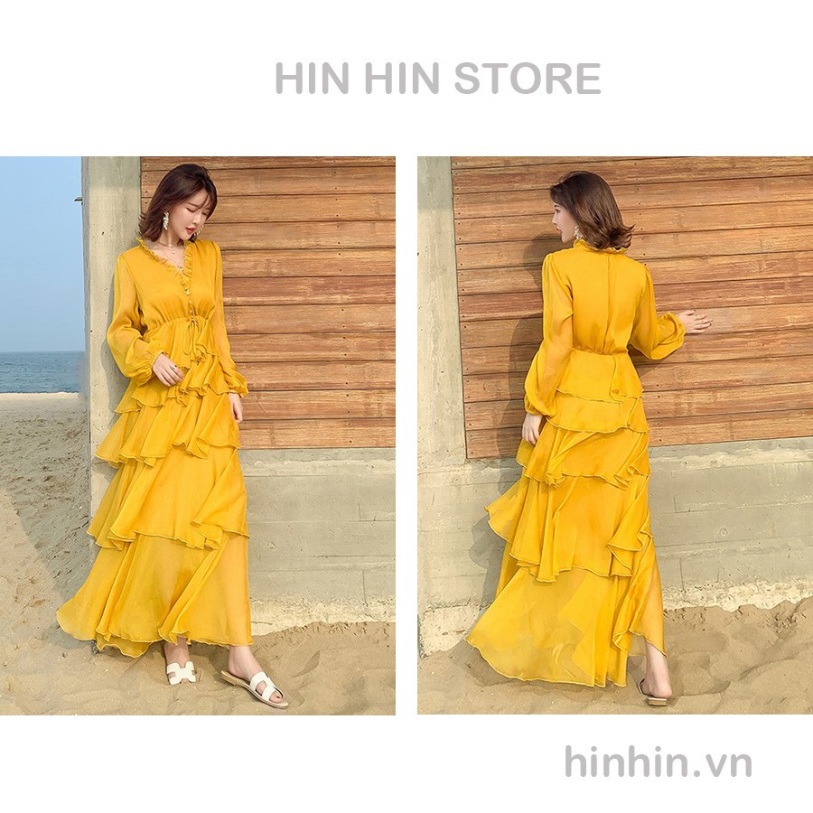 Đầm maxi đi biển tay dài viền bèo tầng màu vàng HDC29 - Hỉn Hỉn Store