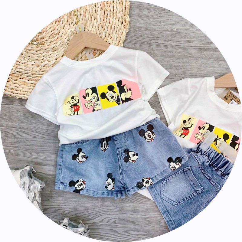 SET BÉ GÁI ÁO PHÔNG TRẮNG MICKEY MIX QUẦN BÒ