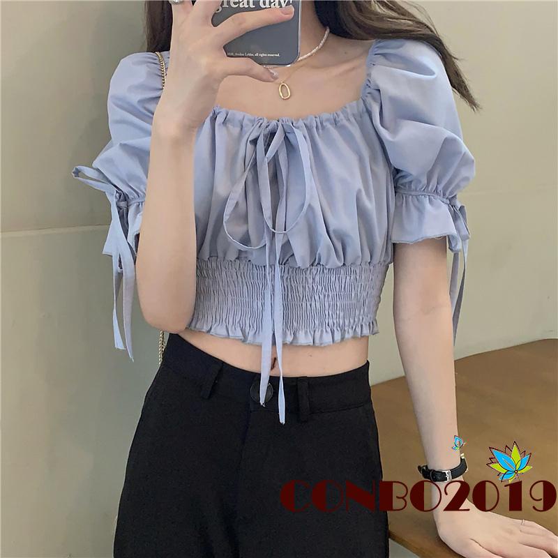 Áo Thun Tay Ngắn Phồng Màu Trơn Thời Trang Dành Cho Nữ