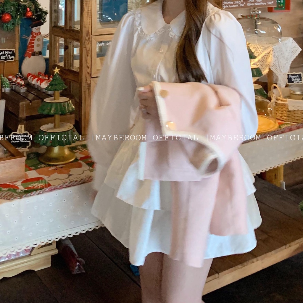Set Áo Khoác Hồng Pastel Viền Ren Cúc Vàng Lót Gió Siêu Ấm mix Sơ mi Cổ Sen Ren Cùng Chân Váy Xoè Merry Set Mayberoom