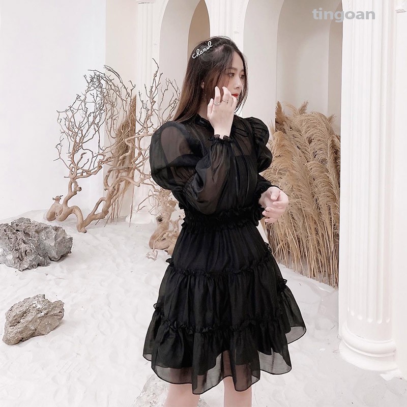 Váy liền tơ xòe co giãn 3 tầng nơ cổ đen  tingoan DARK BLOOM DRESS /BL FREESIZE