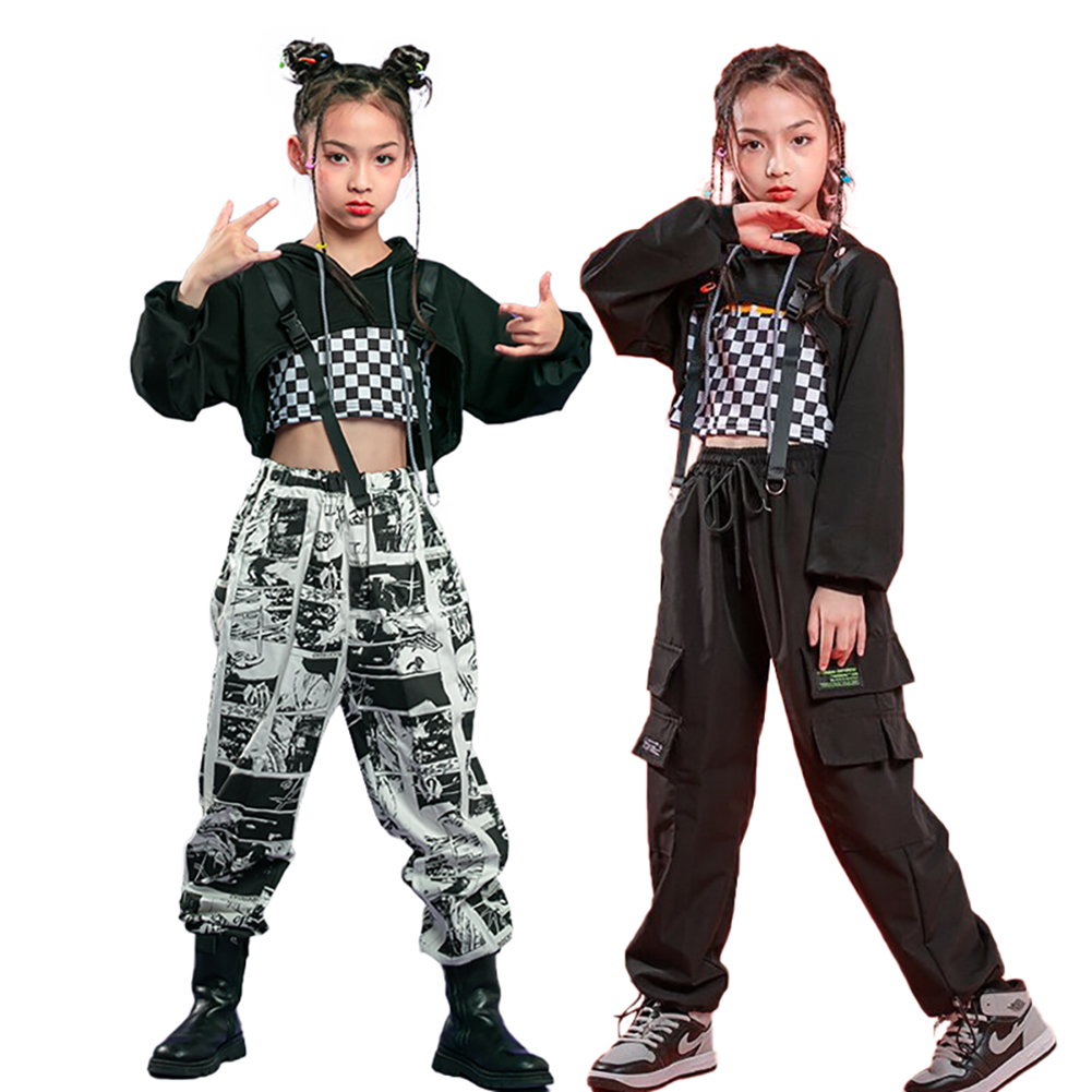 Bộ Đồ Áo Croptop Hoodie + Quần Dài Họa Tiết Caro Đen Dành Cho Bé 4-16 Tuổi