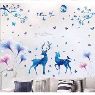 Combo 2 bức decal dán tường hươu sao xanh và hoa pha lê xanh tím