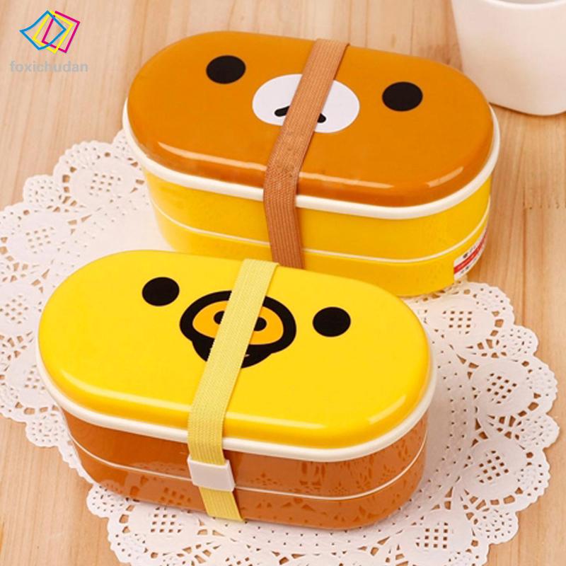 Hộp bento hai tầng kèm đũa chất liệu kháng nhiệt hình gấu dễ thương