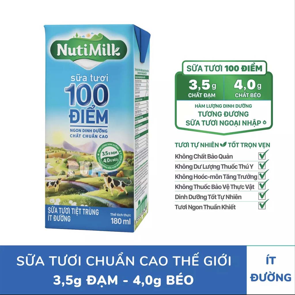 2 Hộp Sữa Tươi Tiệt Trùng 100 Điểm Ít Đường Nutimilk 180ml