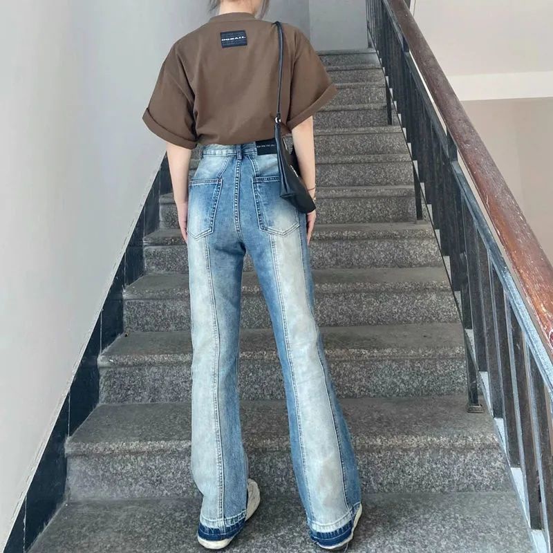 Jiashucheng Quần Jeans Nữ Ống Loe Lưng Cao Thêu Hoa