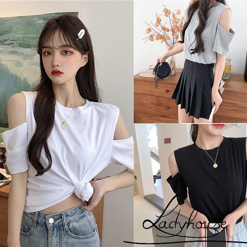 Áo Thun Tay Ngắn Cổ Tròn Hở Vai Màu Trơn Thời Trang Mùa Hè Dành Cho Nữ