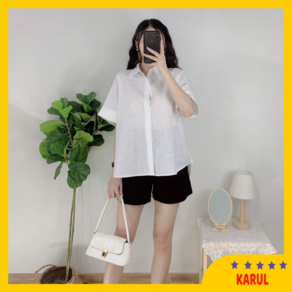 Áo sơ mi nữ cộc tay  cách điệu khuy sau, áo sơ mi nữ chất thô xước 3 màu  trắng , be , cốm | BigBuy360 - bigbuy360.vn