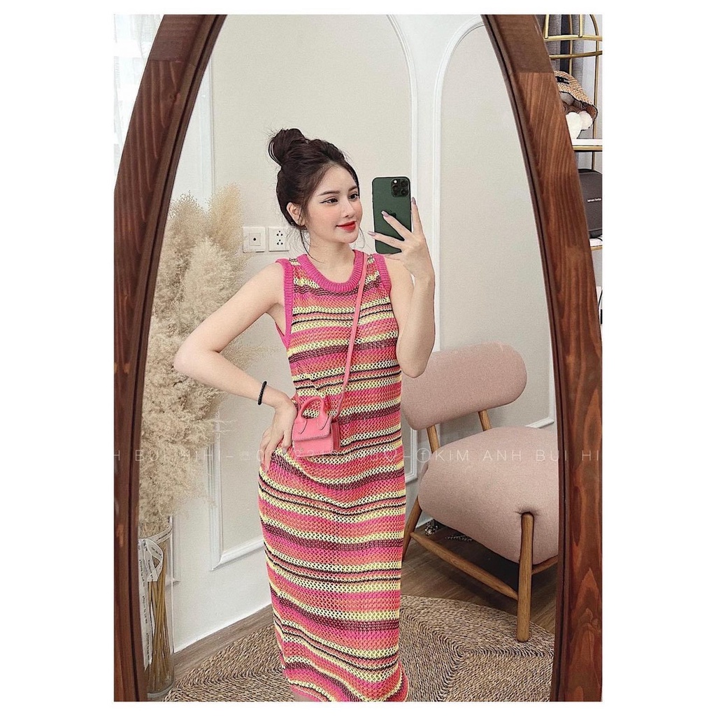 Váy lưới nữ ba lỗ kẻ sọc cầu vòng L2 cao cấp sát nách thời trangI Trần Hân Shop 3007390
