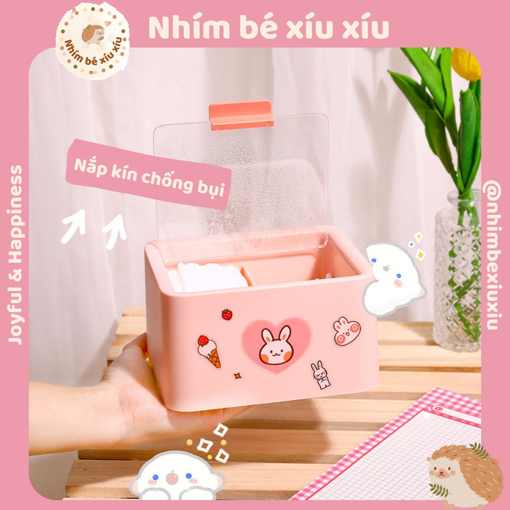 [KÈM STICKER] Hộp nhựa 2 ngăn có nắp đậy để bông tẩy trang, bông tăm, mút trang điểm tiện lợi TN85