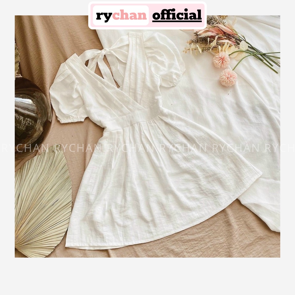 Đầm Xòe Trắng Cổ V Tay Phồng Thắt Nơ Lưng Lót Trong Dày Dặn [Ảnh Thật Cuối] - DX0025