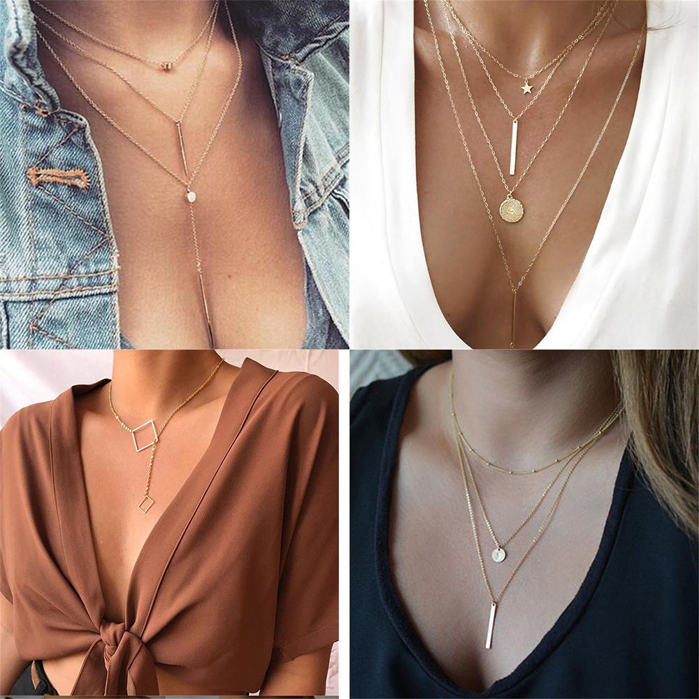 ROSE Vòng cổ Nữ Nhiều Lớp Đính Hạt Vuông Tròn