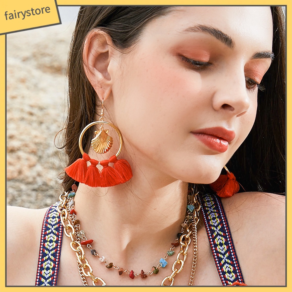 Khuyên Tai Dài Phối Tua Rua Phong Cách Bohemian Thời Trang