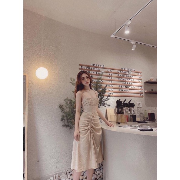 Đầm 2 dây midi tone nâu rút dây