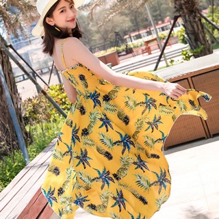 Váy đầm maxi 2 dây trái dứa hàng Quảng Châu đi biển, đi chơi