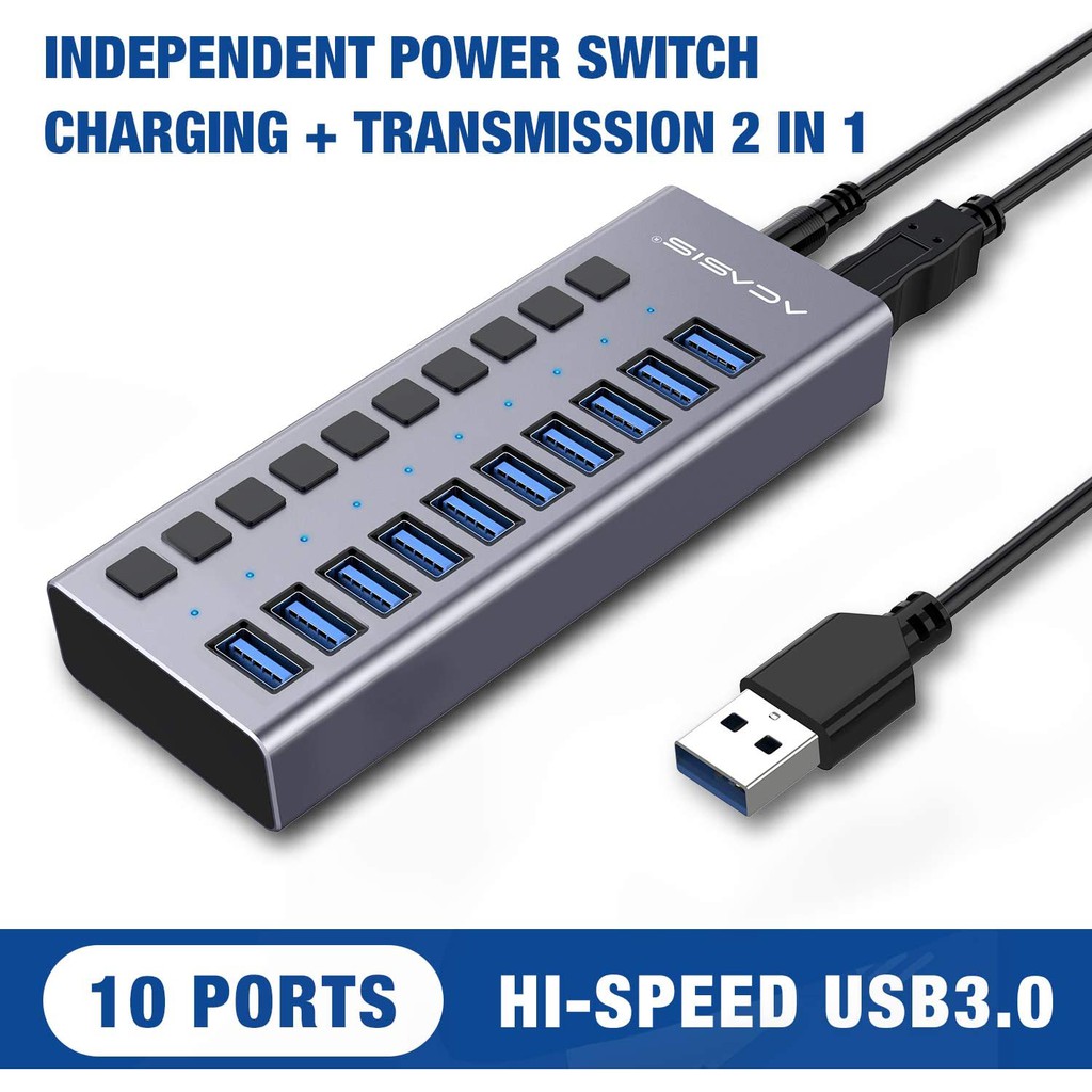 Bộ Chia 10 Cổng USB 3.0 ACASIS 12V / 4A Cho Laptop / PC / Mobile HDD