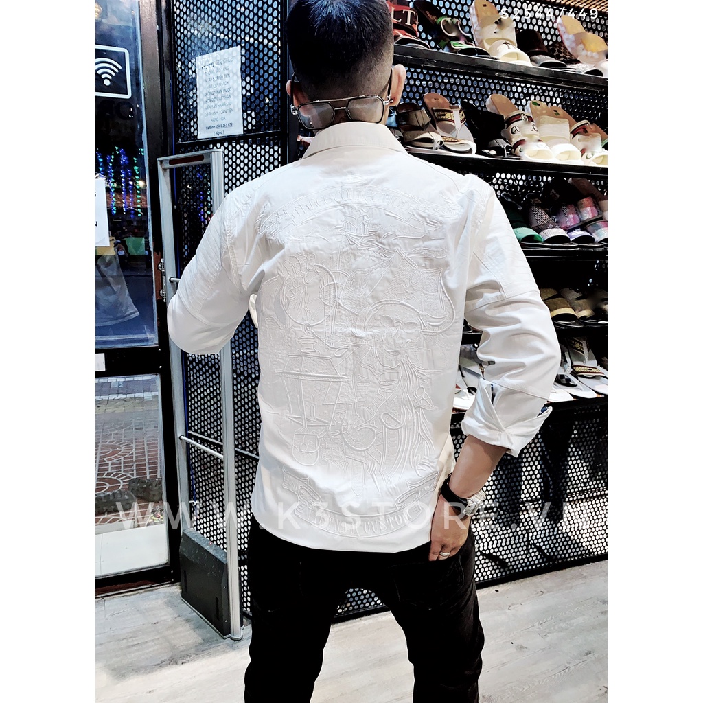Áo sơ mi nam trắng tay dài thêu ẩn full lưng cướp biển đầu lâu chất kaki dày dặn co dãn nhẹ K3 STORE
