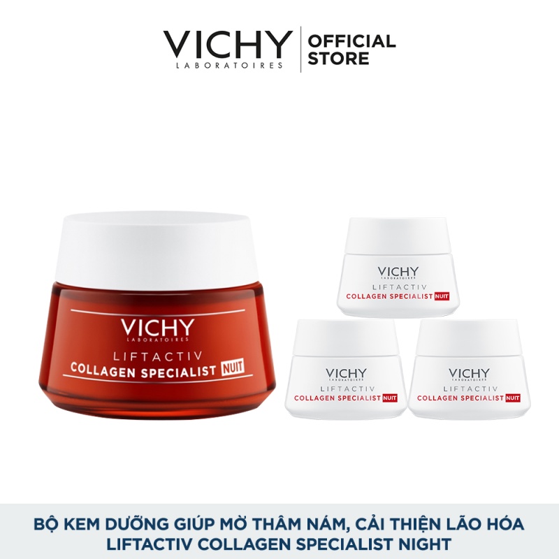 Bộ kem dưỡng giúp sáng da, mờ thâm nám ban đêm Vichy Liftactiv Collagen Specialist nuit 50ml + 15ml x3