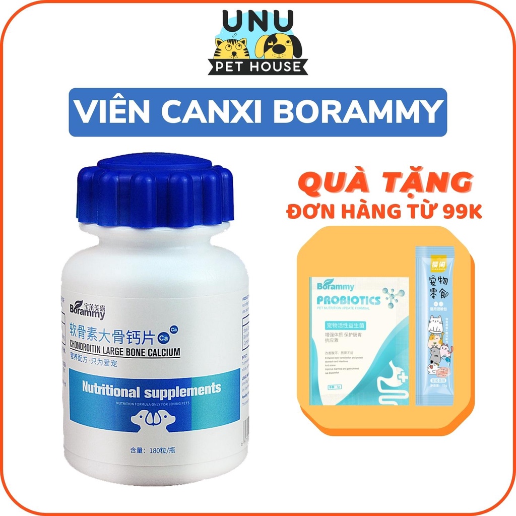 Canxi cho chó BORAMMY bổ sung canxi cho chó bầu, chó con, canxi cho mèo, lọ 180 viên - UNU Pet House