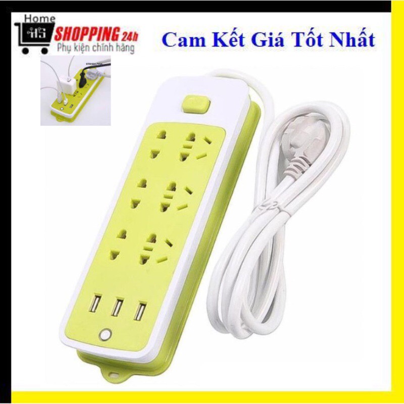 Ổ điện đa năng 6 lổ &amp; 3 cổng sạc usb - Ỗ cắm điện xanh lá có cổng USB tiện dụng cho gia đình
