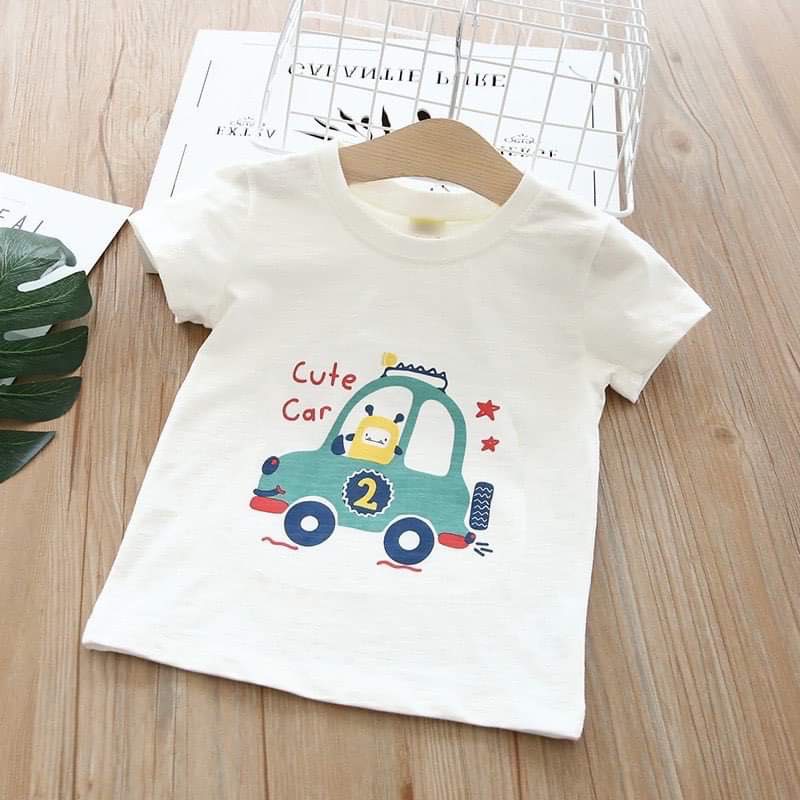 Áo thun cotton MINKY MOM cho bé trai, áo phông trắng in hình ô tô khủng long cá mập cho bé nam 1 2 3 4 5 tuổi