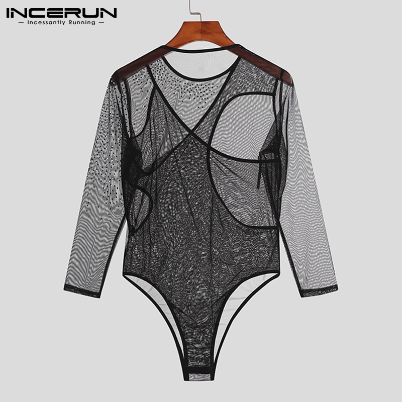 Áo liền quần INCERUN dài tay cổ tròn thiết kế xuyên thấu thời trang cho nam