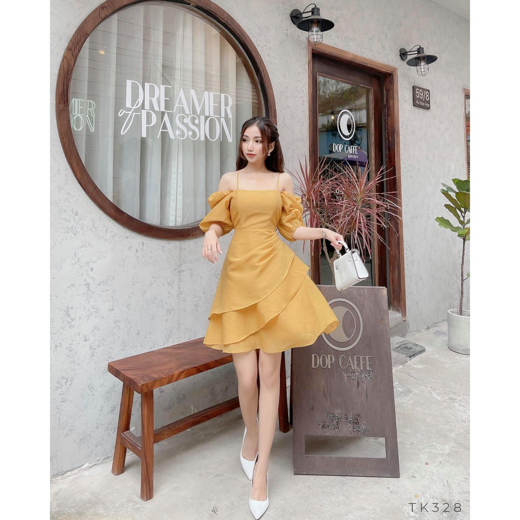 Đầm Nữ TK328 Dáng Xòe Trể Vai Đính Hạt Cườm Sườn Màu Vàng Size S M L Dùng Dự Tiệc Đi Dạo Đi Biển