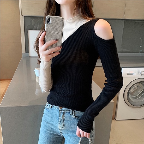 【ZHELIHANGFEI】Áo Sweater Dệt Kim Tay Dài Cổ Lọ Thiết Kế Trễ Vai Quyến Rũ