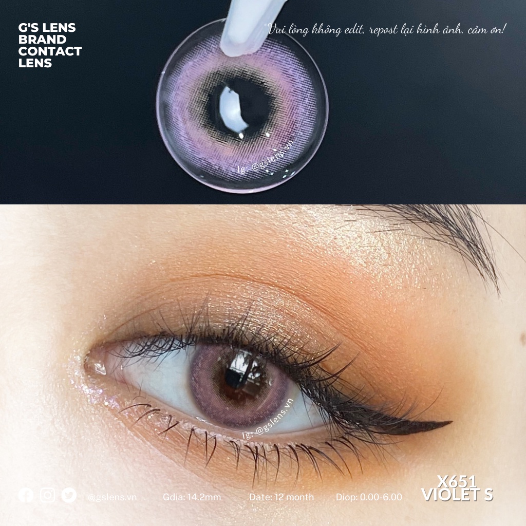 Lens Mắt Kính Áp Tròng Tím Tây Sáng Không Giãn X651 Violet Có Từ 0 Đến 6 Độ Lệch Độ Size Xs 14mm