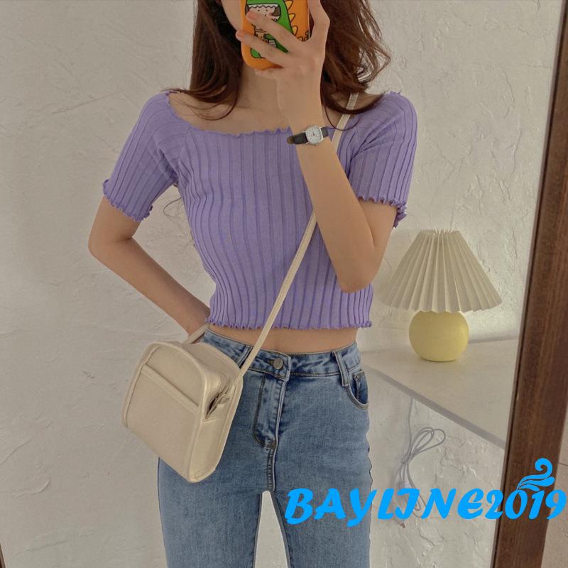 Áo dệt kim tay ngắn trễ vai màu sắc đơn giản thời trang dành cho nữ